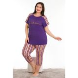 Quilling Mor Renk Ve Desenli Lady 10671 Kadın Kısa Kol Kaprili Büyük Beden Pijama Takımı
