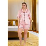 Quilling Pembe Renk Kaliteli, Şık Ve Kısa Kol, Lady 16001 Şortlu Saten Pijama Takımı