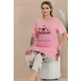 quilling Pembe Renk ve Çiçek Desenli Lady 10724 Kadın Kaprili Büyük Beden Pijama Takımı