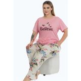 Quilling Pembe Renk Ve Çiçekli 11005 Kısa Kollu Kadın Büyük Beden Anne Pijama Takımı