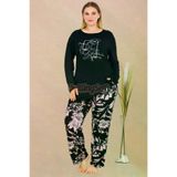 quilling Quilling-11422 Siyah Renk Çiçek Desenli 11389 Kadın Uzun Kol Anneler İçin Büyük Beden Pijama Takımı