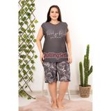 Quilling Rahat ve Şık Kadın Çiçek Desenli Füme Renk Büyük Beden Şortlu Anne Pijama Takımı - 10414 - 4XL - Siyah - Pudra