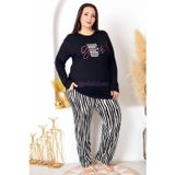 Quilling Siyah - Beyaz Renk, Çizgili Lady 11398 Kadın Uzun Kol Büyük Beden Anne Pijama Takımı