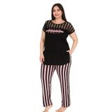 quilling Siyah - Pembe Renk, Çizgi Desenli Lady 10772 Kadın Kısa Kol Büyük Beden Pijama Takımı