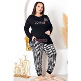 Quilling Siyah Renk, Beyaz Çizgili Lady 11402 Kadın Uzun Kol Büyük Beden Anne Pijama Takımı