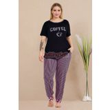 quilling Siyah Renk ve Çizgili 11009 Kısa Kollu Kadın Büyük Beden Anne Pijama Takımı
