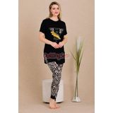 Quilling Siyah Renk Ve Zebra Desenli Lady 12484 Pamuk Viskon Kadın Kısa Kol Pijama Takımı