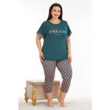 Quilling Yeşil Renk Ve Desenli Lady 10676 Kadın Kısa Kol Kaprili Büyük Beden Pijama Takımı