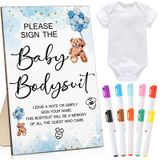 Qunclay 12 Adet Bebek Tulumu Bebek Duş Oyunu 1 Oyun Ahşap Bodysuit İşareti Masa Üstü Dekor 1 Beyaz Boş Yenidoğan Bodysuit Bebek Duş Cinsiyet Gösterimi için 10 Kumaş İşaretleyici Parti (Mavi Ayı)