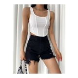QUTTA Beyaz Kare Yaka Korse Görünümlü Fitilli Kadın Crop Bluz