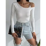 QUTTA Kadın Beyaz Tek Omuz Halkalı Uzun Kol Dalgıç Kumaş Crop Bluz