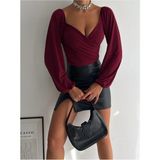 QUTTA Kadın Bordo Uzun Balon Kol Ön Çapraz Büzgülü Sandy Kumaş Crop Bluz