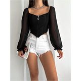 Qutta Kadın Crop Bluz Uzun Kol Siyah Kolu Şifonlu Kare Yaka Polyester Pamuk