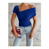 QUTTA Kadın Saks Asimetrik Düşük Omuz Kısa Kol Crop Bluz
