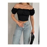 QUTTA Kadın Siyah Balon Kol Büzgülü Madonna Yaka Dalgıç Kumaş Crop Bluz
