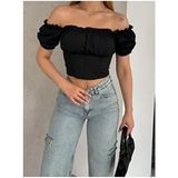 Qutta Kadın Siyah Balon Kol Büzgülü Straplez Madonna Yaka Dalgıç Kumaş Crop Bluz