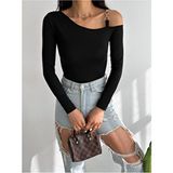 Qutta Kadın Siyah Tek Omuz Halkalı Uzun Kol Dalgıç Kumaş Crop Bluz Polyester Pamuk Kalıp
