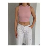 QUTTA Kadın Toz Pembe Sıfır Kol Halter Yaka Kaşkorse Crop Bluz