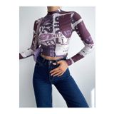 QUTTA Mor Dijital Baskılı Zebra Desenli Uzun Kollu Crop Bluz