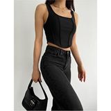 Qutta Siyah Fitilli Kadın Crop Bluz Kare Yaka Korse Görünümlü Polyester - Pamuk Kalıp