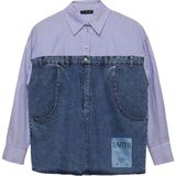 Quzu Çizgi Detaylı Denim Gömlek Mavi Uzun Kol Rahat Kesim Günlük Stil Kadın