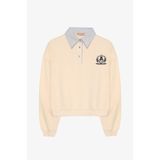 Quzu Çizgili Gömlek Yaka Detaylı Arma Nakışlı Oversize Sweatshirt Bej