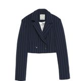 Quzu Kadın Çizgi Detaylı Crop Blazer Ceket Lacivert Dokuma Kumaş Özellikli