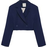 Quzu Kadın Kruvaze Crop Blazer Ceket Lacivert Dokuma Cepli Stil Casual