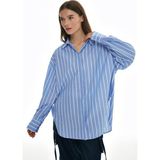 Quzu Kadın Oversize Gömlek Mavi Çizgili Pamuklu Dokuma Günlük Stil Rahat Kesim