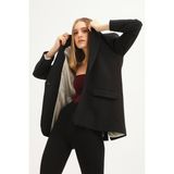 Quzu Kadın Tek Düğmeli Blazer Ceket Siyah Dokuma Kumaşlı Cepli Casual Stil