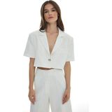 Quzu Keten Crop Blazer Ceket Kemik - XS