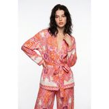 Quzu Şal Desenli Kuşaklı Kısa Kimono Pembe