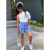 Quzucuk Kids Kız Çocuk Tek Omuzlu Bluz ve Mavi Şort Takımı