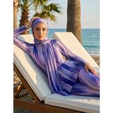 Qymos Prive Batik Desenli Güneş Geçiren & Bronzlaştıran Hava Geçirgen Bone ve Eşarplı Tesettür Mayo - Mor - 2XL