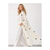QYMOS PRIVE Ekru Desenli Uzun Kimono – Keten, Kuşaklı, Yazlık Rahat Şık