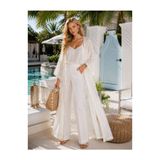QYMOS PRIVE Premium Simli Dokuma Yoryo Şifon Uzun Beyaz Plaj Kimonosu – Resort Beachwear
