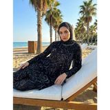Qymos Prive Qymos Prıve Batik Desenli Güneş Geçiren & Bronzlaştıran Hava Geçirgen Bone ve Eşarplı Tesettür Mayo - XL - Siyah