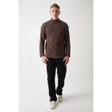 R-5849 Boğazlı Düz Örme Kazak Sweat - Kahverengi