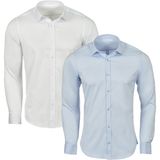 R-Germen Erkek Mavi Saten Likralı Pamuklu Süper Slim Fit Gömlek - XL - Beyaz - Mavi