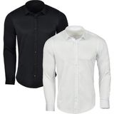 R-Germen Erkek Mavi Saten Likralı Pamuklu Süper Slim Fit Gömlek - XL - Beyaz - Siyah