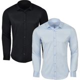 R-Germen Erkek Mavi Saten Likralı Pamuklu Süper Slim Fit Gömlek - XL - Siyah - Mavi