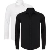 R-Germen Mavi ve Beyaz Mat Saten 2'li Slim Fit Gömlek - Siyah