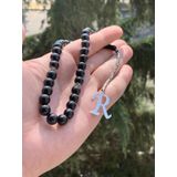 R harfli 925 ayar gümüş püskül, harf ve ayraçlı oltu tesbih (kral zincir)