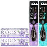 R.O.C.S. Baby 0-3 Yaş Mor Turkuaz 35 ml Ihlamur Özlü Yutulabilen Diş Macunu ve Neon 0-3 Yaş 2 Diş Fırçası Seti