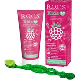 R.O.C.S. Kids 3-7 Yaş 45 g Ahududu Smoothıe Tadında Florürsüz Diş Macunu ve 3-7 Kids Yeşil Fırça Seti