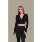 R ROCKBLACK Kadın Siyah Uzun Kol Fermuarlı Parmak Geçme Detaylı Dik Yaka Crop Top Bluz