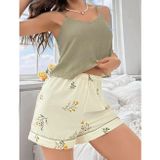 R Ruselin Kadın Ekru Çiçek Baskılı Şortlu Gecelik Pijama Takımı 5099