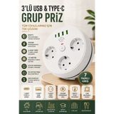 Rabelix Online Marketing 1.5 Metre 3'lü Grup Priz USB ve Type-C Girişli -2500W Akım Korumalı Çoklu Priz -Makaralı Uzatma Kablosu-Çocuk Korumalı Anahtarlı Priz