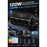 Rabelix Online Marketing 120W Araç Çakmak Çoklayıcı 3'lü Çakmaklık Çoğaltıcı QC 3.0 Hızlı Şarj Çift USB Dijital Voltaj Ekranlı 12V 24V