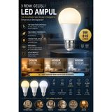 Rabelix Online Marketing 9W 3 Renk Geçişli LED Ampul E27 Duy 810 Lümen Sarı Gün Işığı Beyaz Işık Tek Anahtarla Renk Değiştiren